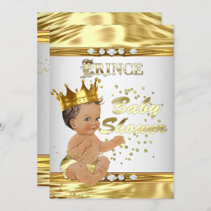 Invitación Brunette Prince Baby Shower White Relieve metaliza