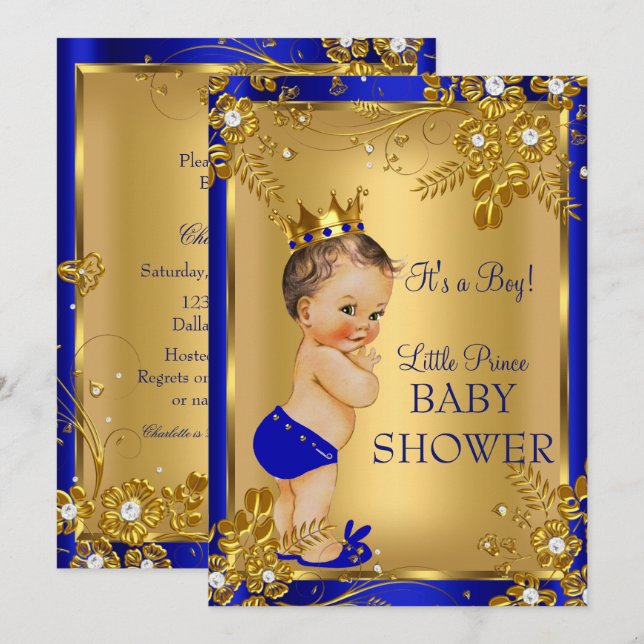 Invitación Brunette Prince Boy Baby Shower Gold Blue Floral (Anverso / Reverso)