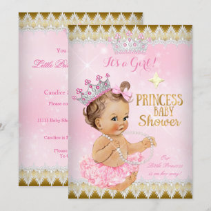 Invitación Brunette Princesa Baby Shower Rosa Tutú Dorado