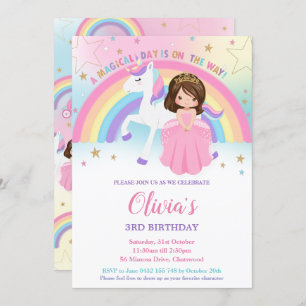 Invitación Brunette Princesa Unicorn Cumpleaños      RainbowI