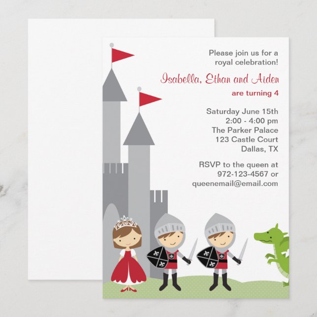 Invitación Brunette Princess and Knights Birthday Invitations (Anverso / Reverso)