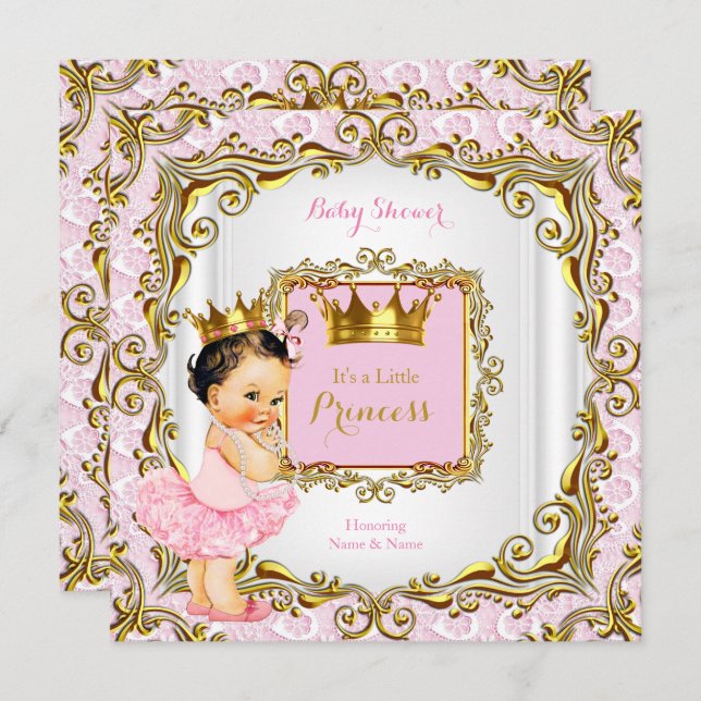Invitación Brunette Princess Baby Shower Pink Lace White Gold (Anverso / Reverso)
