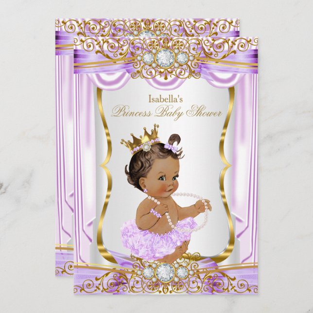 Invitación Brunette Princess Baby Shower Purple Silk Gold (Anverso / Reverso)