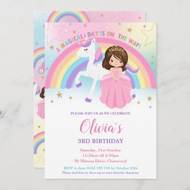 Invitación Brunette Princess Unicorn Cumpleaños Rainbow Inv (Anverso / Reverso)