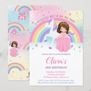 Invitación Brunette Princess Unicorn Cumpleaños Rainbow Inv