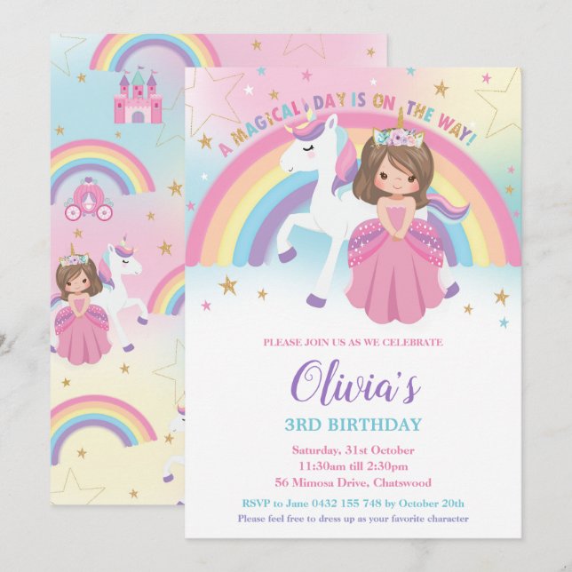 Invitación Brunette Princess Unicorn Fiesta de cumpleaños Rai (Anverso / Reverso)