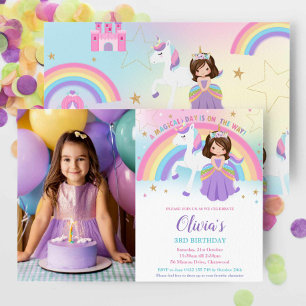Invitación Brunette Princess Unicorn Foto arcoiris de cumplea