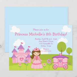 Invitación Brunette Princess y Castle and Birday Party