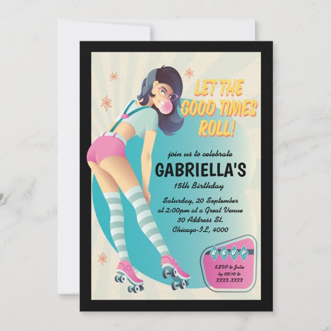 Invitación Brunette Retro Roller Patinaje Fiesta de cumpleaño (Anverso)
