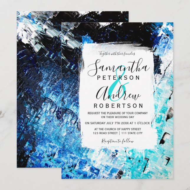 Invitación Brushazo moderno boda de playa acrílica azul marin (Anverso / Reverso)