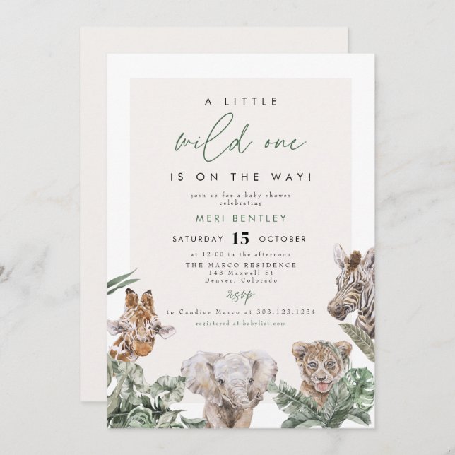 Invitación BRYN Cute Jungle Safari Baby Baby Shower Animal (Anverso / Reverso)