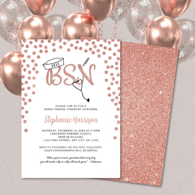 Invitación BSN graduación de enfermero rosa de oro confetti (Subido por el creador)