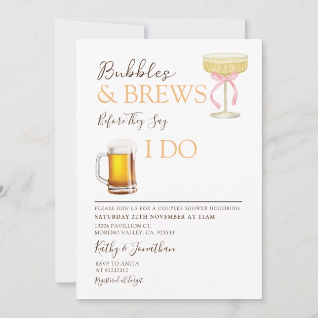 Invitación Bubbles and Brews Couples Wedding Shower (Anverso)