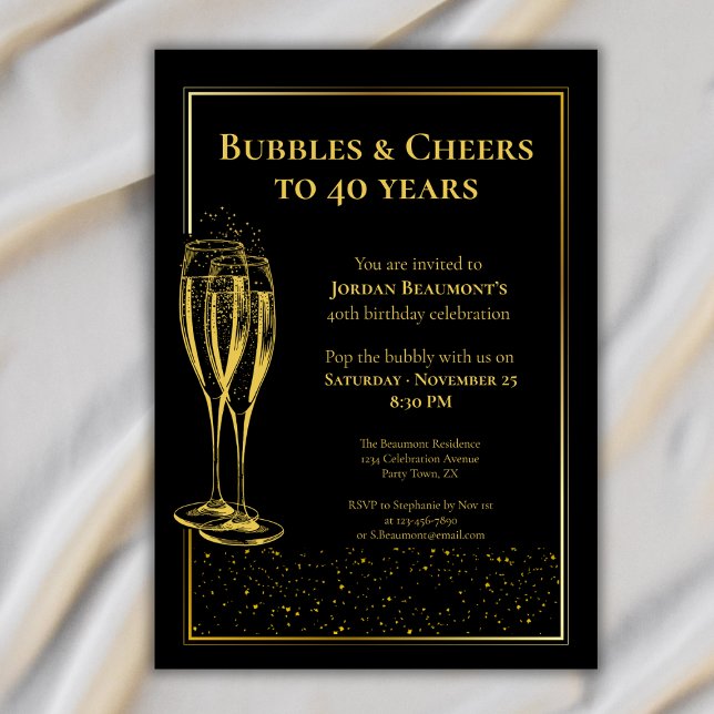 Invitación Bubbles and Cheers Black Gold 40th Birthday Party (Subido por el creador)