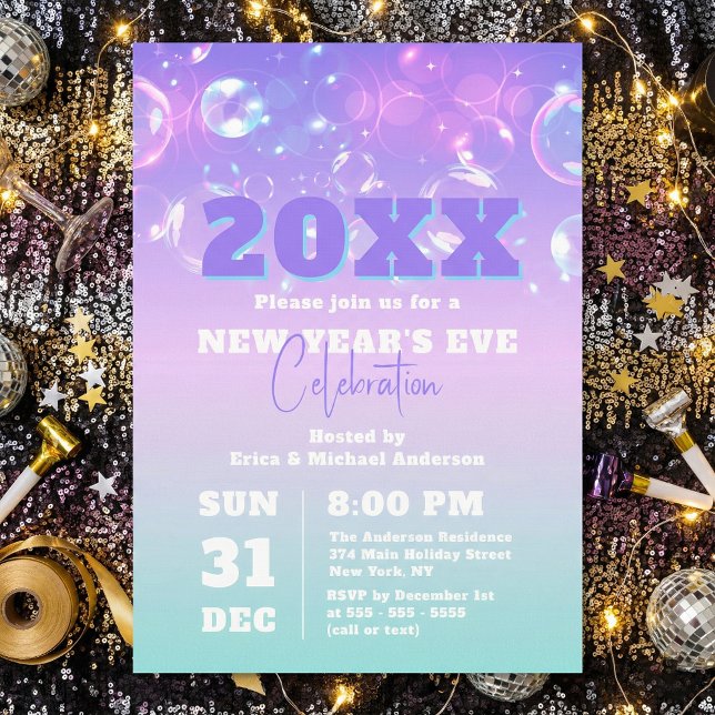 Invitación Bubbles and Lights Pastel Gradient New Year's Eve (Subido por el creador)