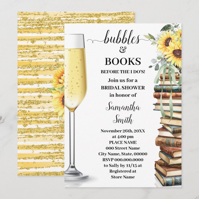Invitación Bubbles & Book Before I do Sunflower Bridal Shower (Anverso / Reverso)