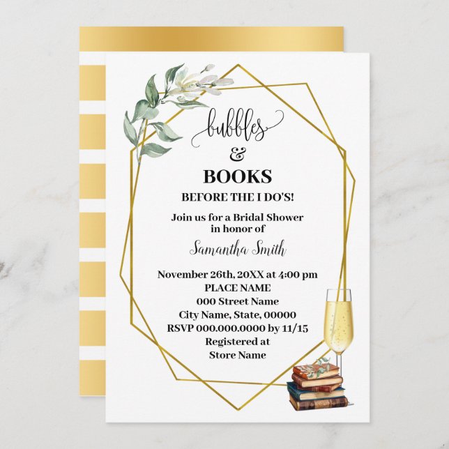Invitación Bubbles & Books Before I Do Greenery Gold Shower (Anverso / Reverso)