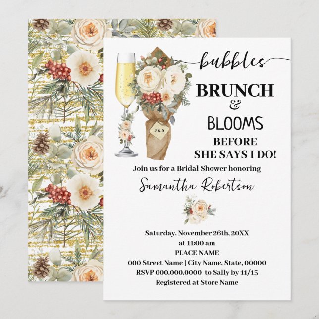 Invitación Bubbles Brunch & Bloom Desayuno Nupcial Floral de  (Anverso / Reverso)