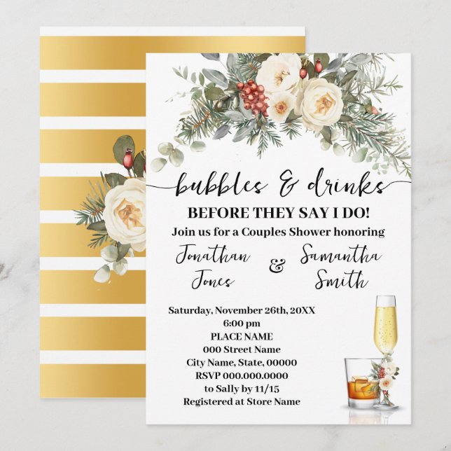 Invitación Bubbles & Drinks Bridal Shower Winter Floral (Anverso / Reverso)