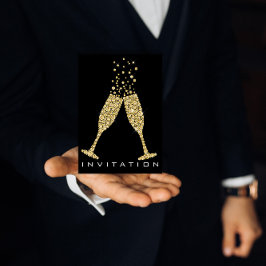 Invitación Bubbles Glasses Champagne Cocktail Gold Crystals