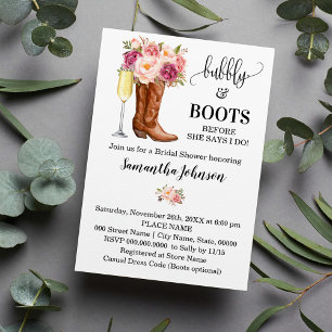 Invitación Bubbly & Boots Bridal Ducha de novia Flores rosada