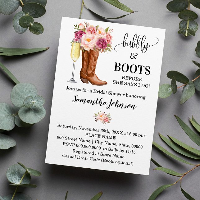 Invitación Bubbly & Boots Bridal Ducha de novia Flores rosada (Subido por el creador)