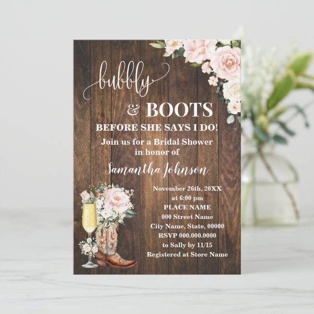 Invitación Bubbly & Boots Bridal Shower Floral Rosa Occidenta (Anverso de pie)