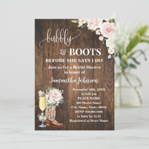 Invitación Bubbly & Boots Bridal Shower Floral Rosa Occidenta