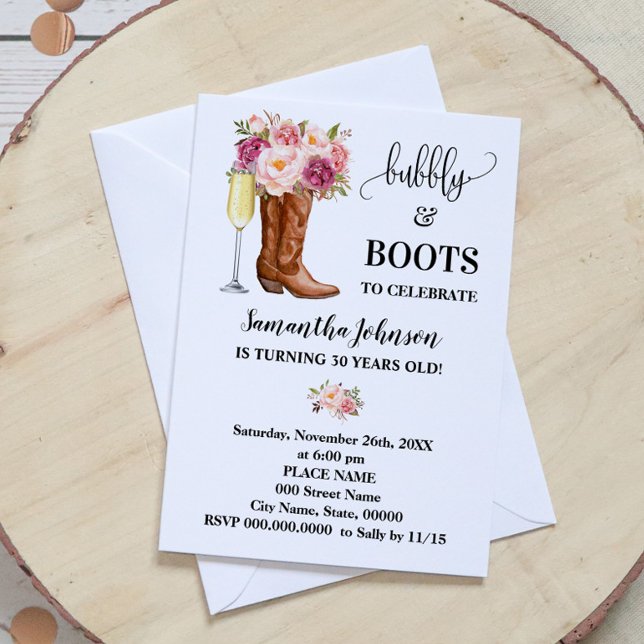 Invitación Bubbly & Boots Flores rosas Cumpleaños (Subido por el creador)