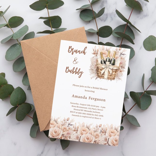 Invitación Bubbly brunch boho floral beige Bridal Shower (Subido por el creador)