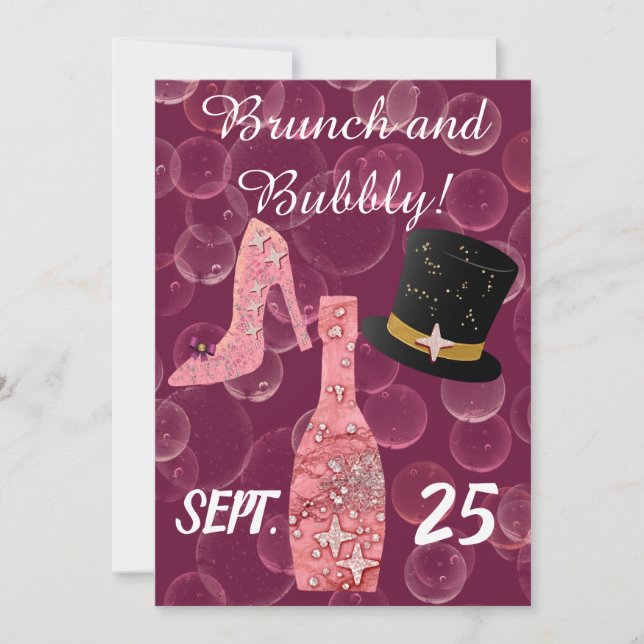 Invitación Bubbly & Brunch & Purpurina Rosa Botella de champá (Anverso)