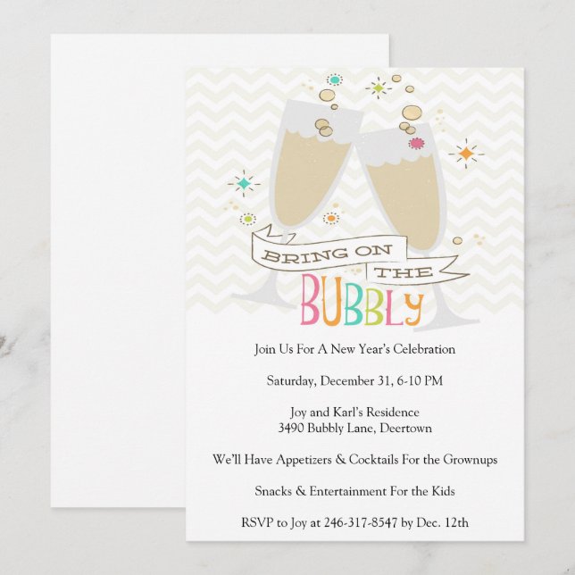 Invitación Bubbly Champagne Fiesta de Año Nuevo (Anverso / Reverso)