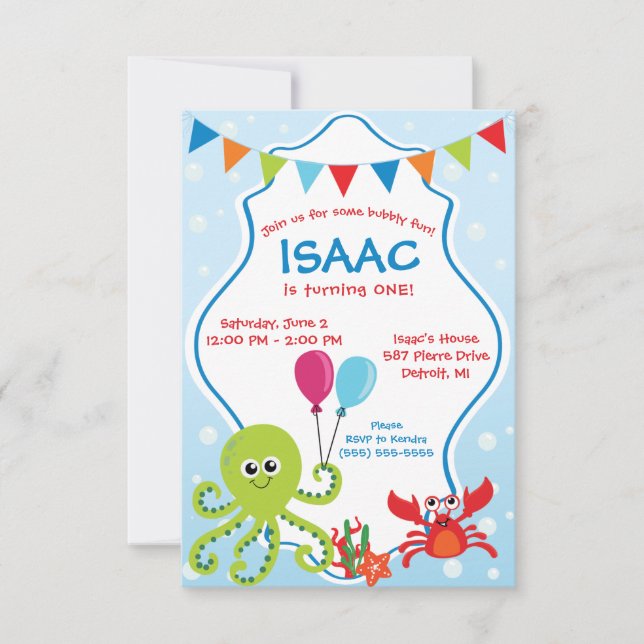 Invitación Bubbly Divertido bajo el mar Primer cumpleaños (Anverso)