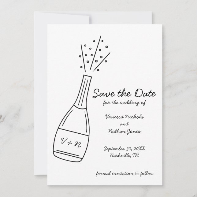 Invitación Bubbly Popping Champagne Bottle Save the Date (Anverso)