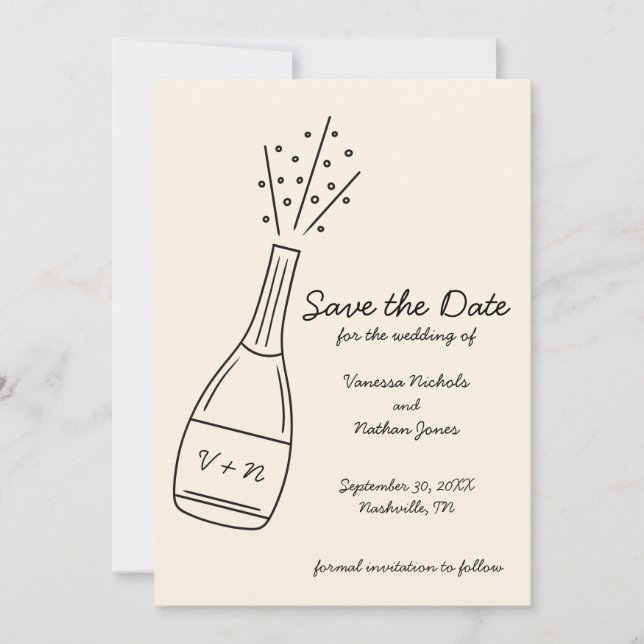 Invitación Bubbly purgando botella de champán Save the Date (Anverso)