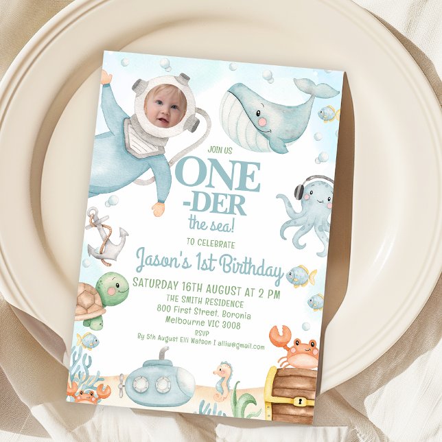 Invitación Buceador azul sobre el mar Primer cumpleaños (Oneder the Sea 1st Birthday Invitation Scuba Diver Photo, Under the Sea First Birthday Party Invite)