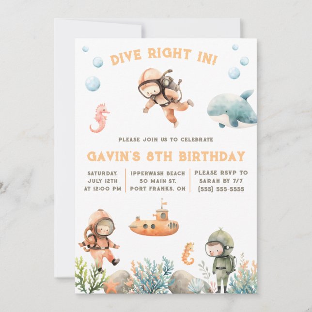 Invitación Bucear en, bajo el mar, Scuba Buceo Cumpleaños (Anverso)