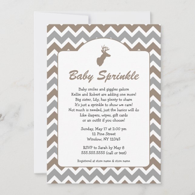 Invitación Buck Baby Sprinkle invita, baby ducha, ciervo (Anverso)
