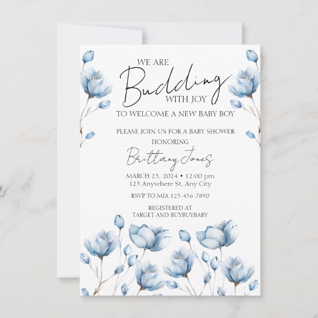 Invitación Budding With Joy Blue Baby Shower Invite (Anverso)