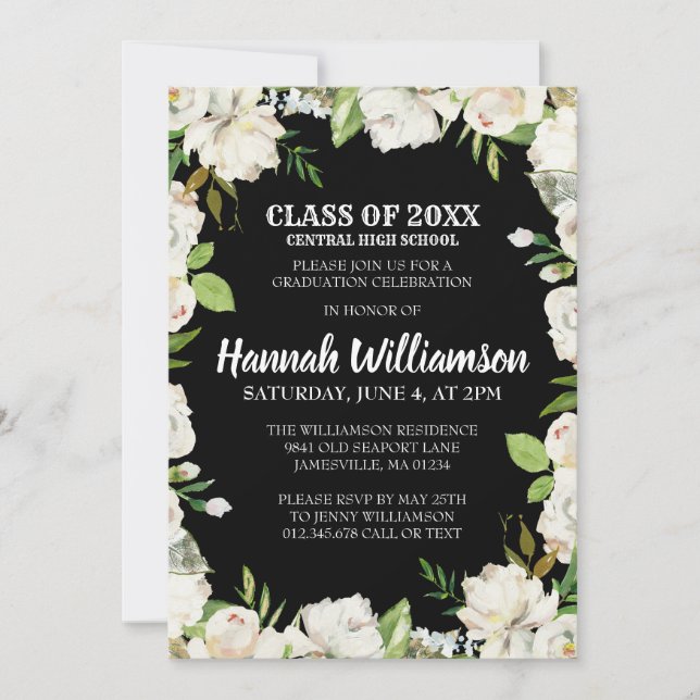 Invitación Budge Black Floral Class of 2021 Graduación (Anverso)