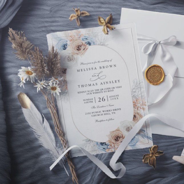 Invitación Budget Blue & Beige Boho Floral QR Code Wedding (Subido por el creador)
