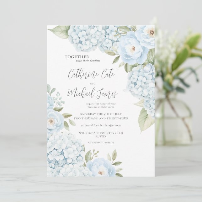 Invitación Budget Blue Hydrangea Elegant Floral Wedding  (Anverso de pie)