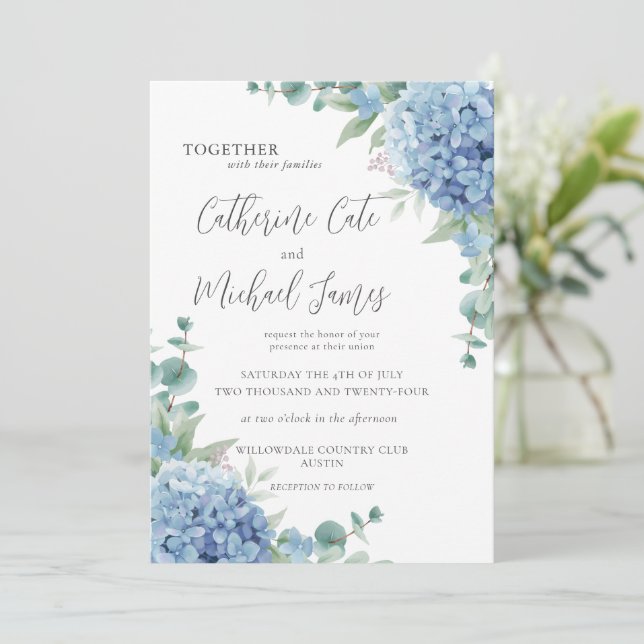 Invitación Budget Blue Hydrangea Floral Elegant Wedding (Anverso de pie)