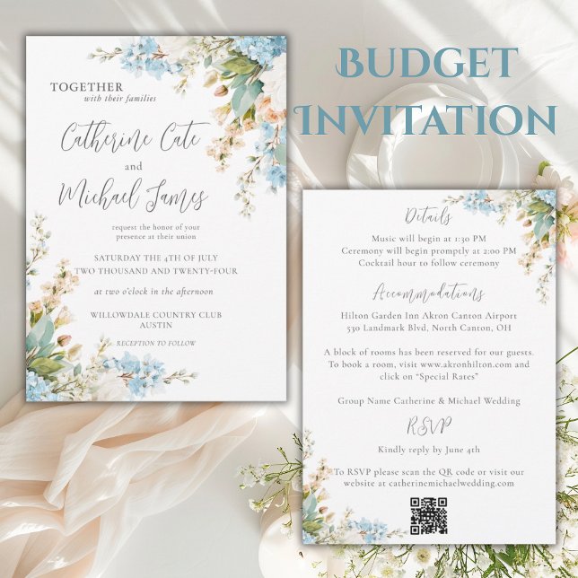 Invitación Budget Blue & White Floral Elegant Wedding (Subido por el creador)