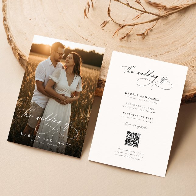 Invitación Budget Modern Script QR Code Photo Wedding Invites (Subido por el creador)