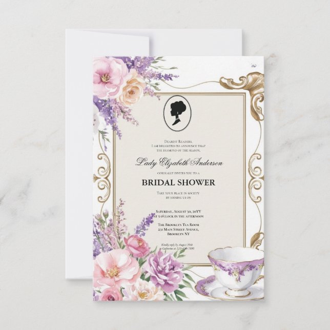Invitación Budget Purple Florals Bridgerton Bridal Shower (Anverso)