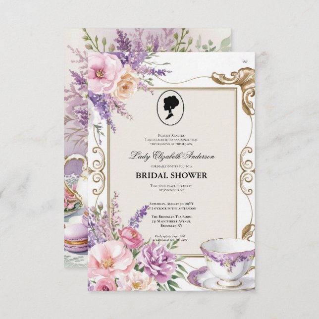 Invitación Budget Purple Florals Bridgerton Bridal Shower (Anverso / Reverso)