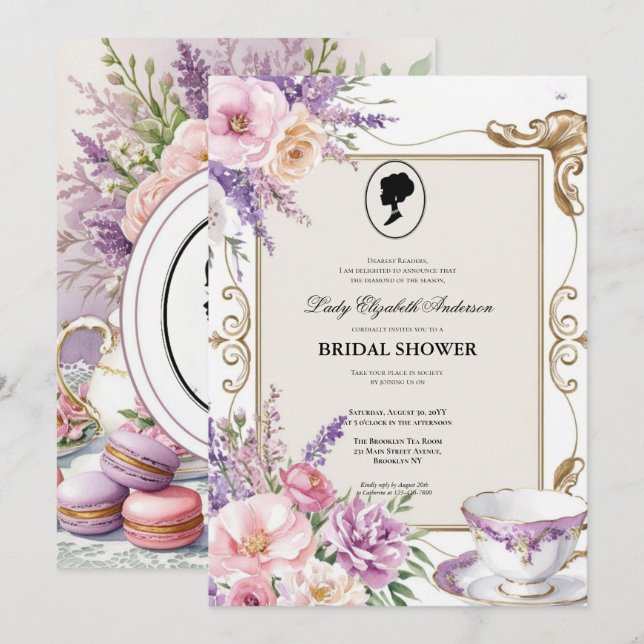 Invitación Budget Purple Florals Bridgerton Bridal Shower (Anverso / Reverso)