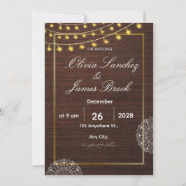 Invitación Budget Rustic String Lights and wood wedding 