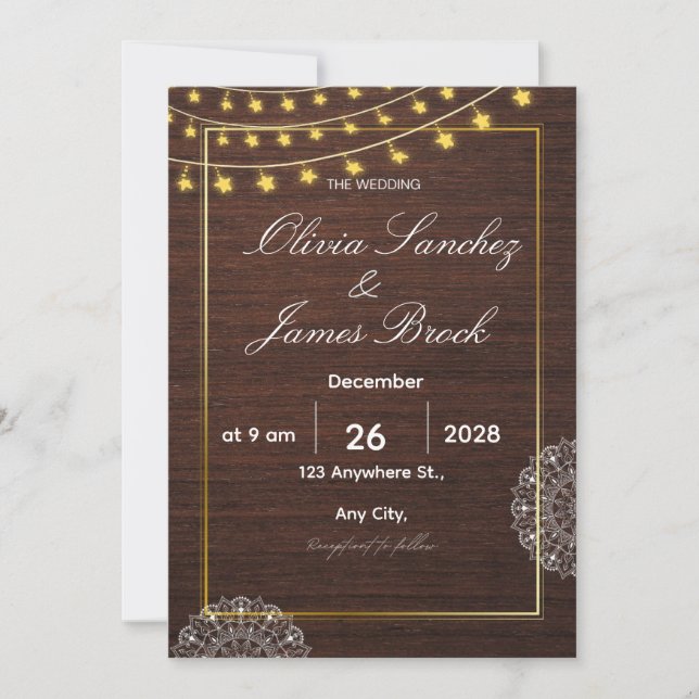 Invitación Budget Rustic String Lights and wood wedding  (Anverso)